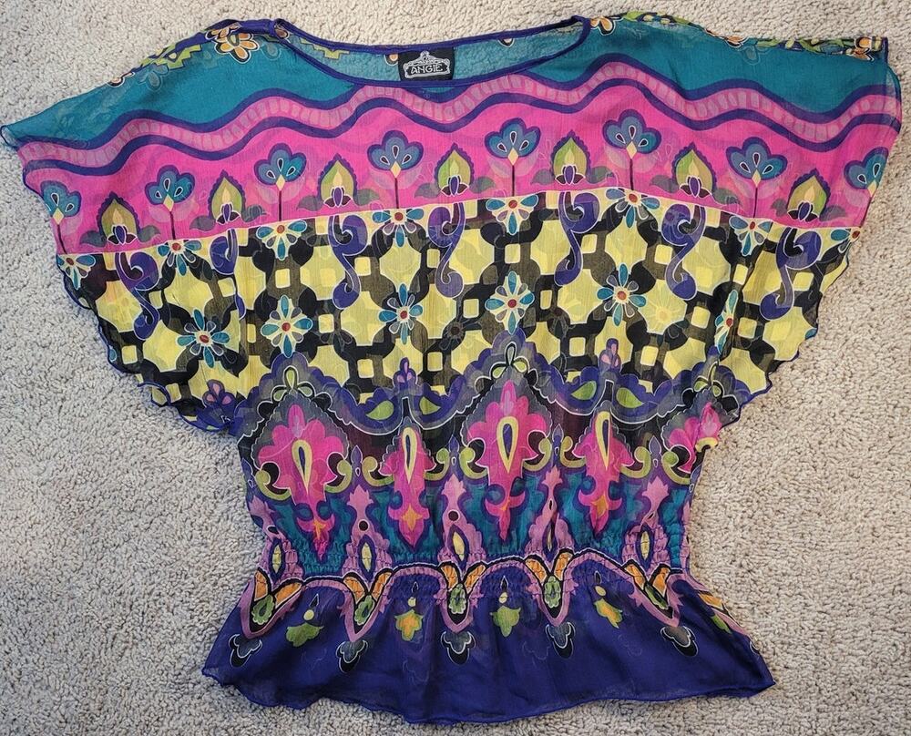 Angie Y2K Top Womens Small Geometric Sheer Boho Smocked Blouse Festival Flowy